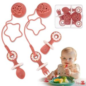 3 pack baby fork and spoon set suction baby self feeding utensils 6-12 months anti-dropping training spoons for baby led weaning, silicone toddler utensils feeding supplies first + second stage, red