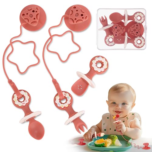 3 Pack Baby Fork and Spoon Set Suction Baby Self Feeding Utensils 6-12 Months Anti-Dropping Training Spoons For Baby Led Weaning, Silicone Toddler Utensils Feeding Supplies First + Second Stage, Red