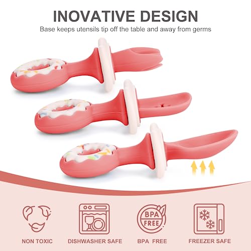 3 Pack Baby Fork and Spoon Set Suction Baby Self Feeding Utensils 6-12 Months Anti-Dropping Training Spoons For Baby Led Weaning, Silicone Toddler Utensils Feeding Supplies First + Second Stage, Red