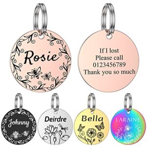 dog tag engraved for pets - gisuery dog id tag with floral patterns - polished stainless steel and engraved on both sides - custom dog tags for pets with 2 split rings (round - flora)