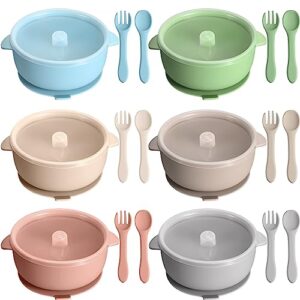 tanlade 6 pack baby silicone suction bowls with lid spoon fork bpa free baby led weaning food bowl toddler food storage bowl dishwasher microwave safe feeding set