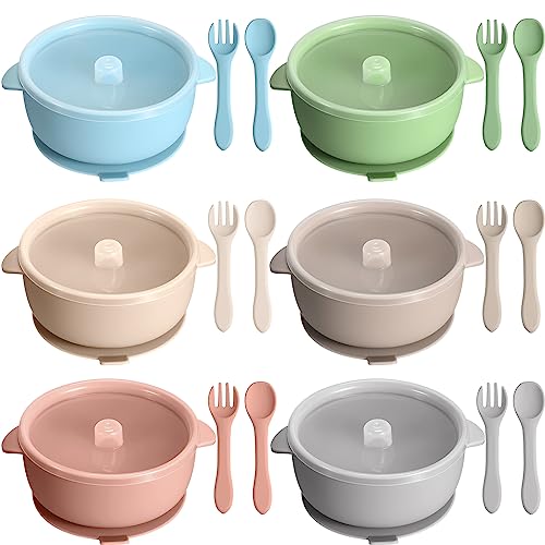 Tanlade 6 Pack Baby Silicone Suction Bowls with Lid Spoon Fork BPA Free Baby Led Weaning Food Bowl Toddler Food Storage Bowl Dishwasher Microwave Safe Feeding Set