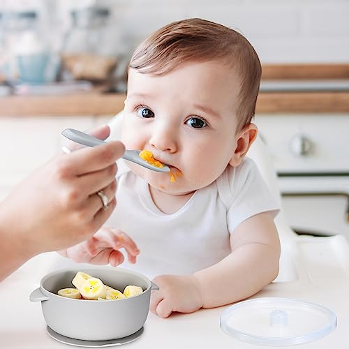 Tanlade 6 Pack Baby Silicone Suction Bowls with Lid Spoon Fork BPA Free Baby Led Weaning Food Bowl Toddler Food Storage Bowl Dishwasher Microwave Safe Feeding Set