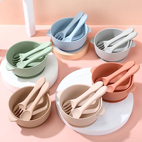 Tanlade 6 Pack Baby Silicone Suction Bowls with Lid Spoon Fork BPA Free Baby Led Weaning Food Bowl Toddler Food Storage Bowl Dishwasher Microwave Safe Feeding Set