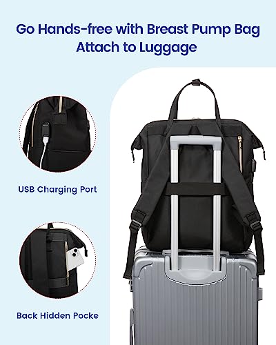 LOVEVOOK Breast Pump Backpack with Cooler Bag, Quilted Breast Pump Bags Fits Spectra S1, S2 Medela, Travel Double Layer Pumping Bag for Working Moms with 15.6" Laptop Pocket, Black