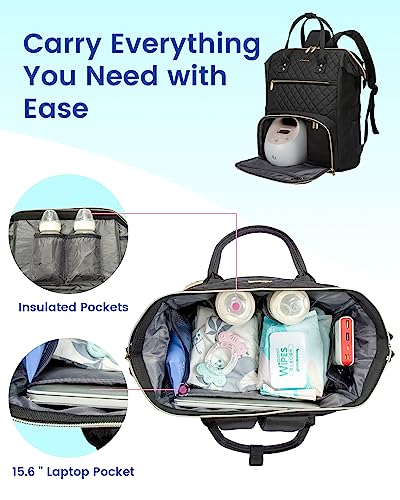 LOVEVOOK Breast Pump Backpack with Cooler Bag, Quilted Breast Pump Bags Fits Spectra S1, S2 Medela, Travel Double Layer Pumping Bag for Working Moms with 15.6" Laptop Pocket, Black