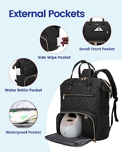 LOVEVOOK Breast Pump Backpack with Cooler Bag, Quilted Breast Pump Bags Fits Spectra S1, S2 Medela, Travel Double Layer Pumping Bag for Working Moms with 15.6" Laptop Pocket, Black