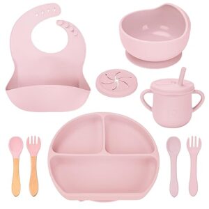 silicone baby feeding set - reiktlud baby led weaning supplies - silicone suction bowls divided plates, sippy and snack cup - toddler self feeding eating utensils set with bib, spoons, fork (pink)