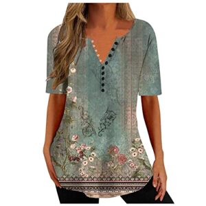 smidow womens tunic tops to wear with leggings summer henley v neck short sleeve shirts western floral print loose blouse
