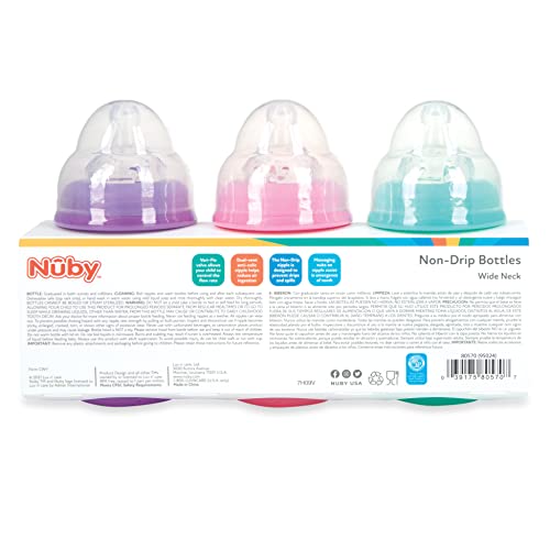 Nuby 3 Pack Non-Drip Wide Neck 8oz Vari-Flow Bottles, Soft Silicone Nipples, BPA Free, 0+M, Aqua, Pink, Purple