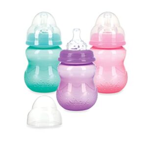 nuby 3 pack non-drip wide neck 8oz vari-flow bottles, soft silicone nipples, bpa free, 0+m, aqua, pink, purple