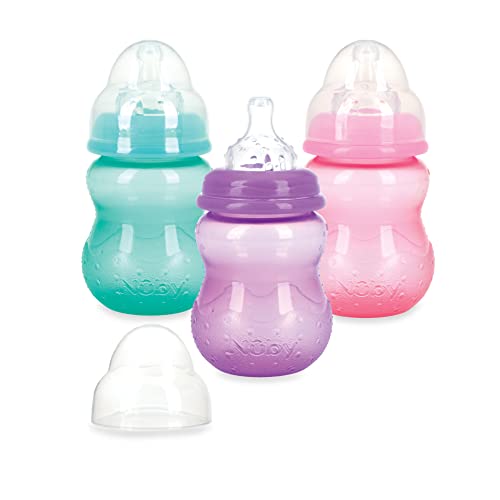 Nuby 3 Pack Non-Drip Wide Neck 8oz Vari-Flow Bottles, Soft Silicone Nipples, BPA Free, 0+M, Aqua, Pink, Purple