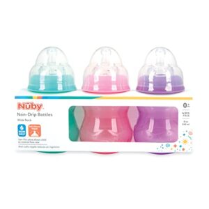 Nuby 3 Pack Non-Drip Wide Neck 8oz Vari-Flow Bottles, Soft Silicone Nipples, BPA Free, 0+M, Aqua, Pink, Purple