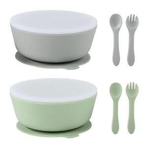 yoofoss baby bowls with suction - toddler bowls with lids - 100% silicone baby feeding set include 2 pack of suction bowls, forks & spoons - bpa free - microwave & dishwasher safe - green