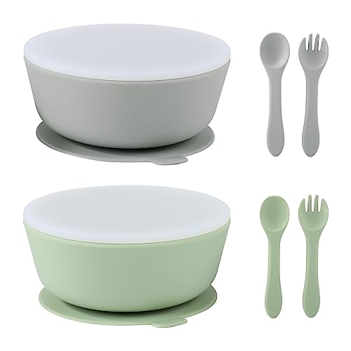 Yoofoss Baby Bowls with Suction - Toddler Bowls with Lids - 100% Silicone Baby Feeding Set include 2 Pack of Suction Bowls, Forks & Spoons - BPA Free - Microwave & Dishwasher Safe - Green