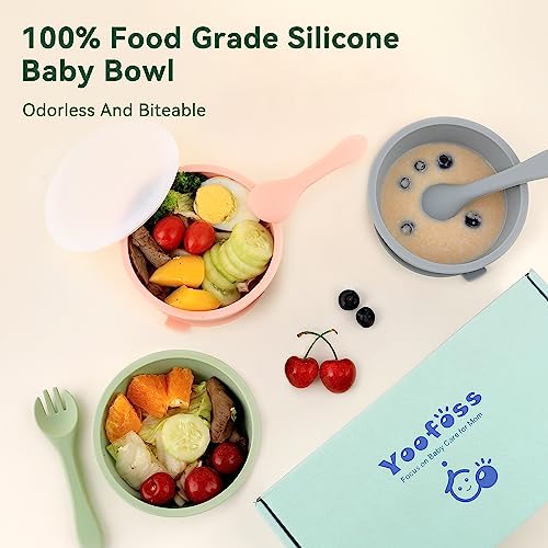 Yoofoss Baby Bowls with Suction - Toddler Bowls with Lids - 100% Silicone Baby Feeding Set include 2 Pack of Suction Bowls, Forks & Spoons - BPA Free - Microwave & Dishwasher Safe - Green