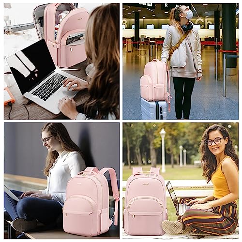 LOVEVOOK Work Backpack for Women, fits 15.6 Inch Laptop, Large Capacity Laptop Backpack with Luggage Strap, Waterproof Lightweight Backpack Purse, Fashionable for Business, Travel, Pink