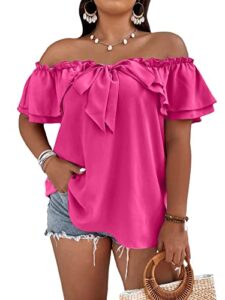 makemechic women's plus size off shoulder tie front layered ruffle short sleeve blouse top hot pink 2xl
