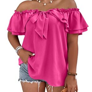 MakeMeChic Women's Plus Size Off Shoulder Tie Front Layered Ruffle Short Sleeve Blouse Top Hot Pink 2XL