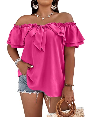 MakeMeChic Women's Plus Size Off Shoulder Tie Front Layered Ruffle Short Sleeve Blouse Top Hot Pink 2XL