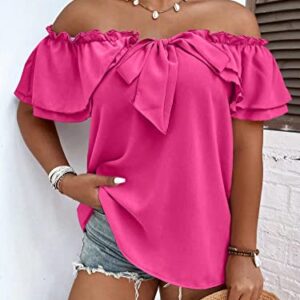 MakeMeChic Women's Plus Size Off Shoulder Tie Front Layered Ruffle Short Sleeve Blouse Top Hot Pink 2XL