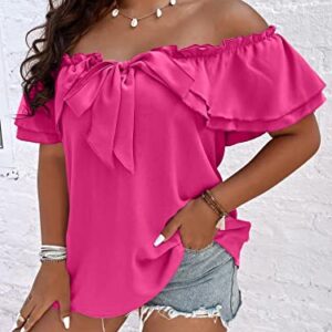 MakeMeChic Women's Plus Size Off Shoulder Tie Front Layered Ruffle Short Sleeve Blouse Top Hot Pink 2XL