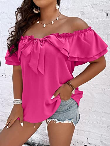 MakeMeChic Women's Plus Size Off Shoulder Tie Front Layered Ruffle Short Sleeve Blouse Top Hot Pink 2XL