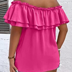 MakeMeChic Women's Plus Size Off Shoulder Tie Front Layered Ruffle Short Sleeve Blouse Top Hot Pink 2XL