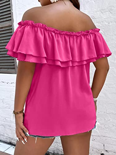 MakeMeChic Women's Plus Size Off Shoulder Tie Front Layered Ruffle Short Sleeve Blouse Top Hot Pink 2XL