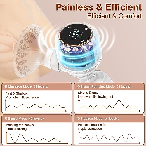 Breast Pump Electric, Wearable Breast Pump Baby Breastfeeding, Strong Suction 4 Mode & 9 Levels, Double|Portable Breast Pump Painless & Low Noise 18|21mm Flanges Fit Different Moms