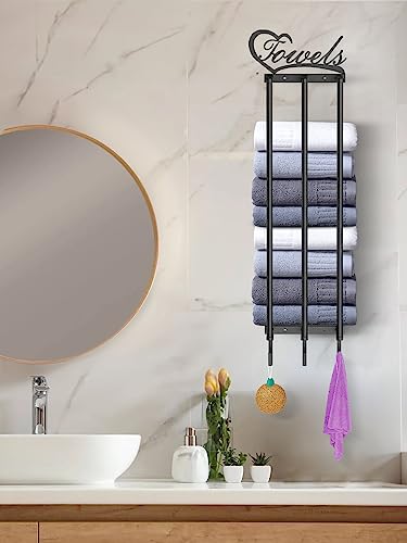 Towel Racks for Bathroom Wall Mounted, New Upgraded 3 in 1 Wall Towel Rack for Rolled Towels, Bathroom Towel Storage with 3 Hooks, Metal Bath Towel Holder for Folded Large Towel Washcloths (Black)