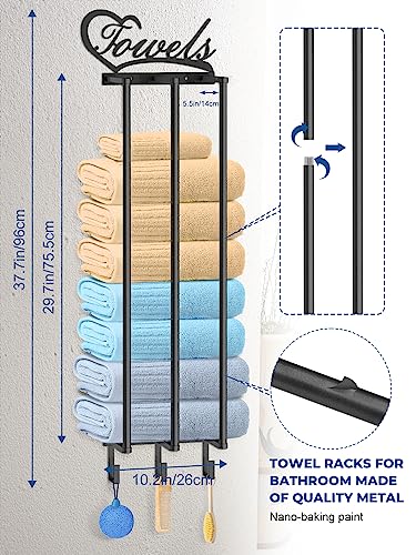 Towel Racks for Bathroom Wall Mounted, New Upgraded 3 in 1 Wall Towel Rack for Rolled Towels, Bathroom Towel Storage with 3 Hooks, Metal Bath Towel Holder for Folded Large Towel Washcloths (Black)