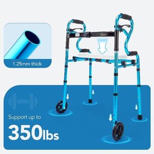 4 in 1 Folding Walker with Detachable Seat by Health Line Massage Products, Width Adjustable Folding Walkers with 5” Wheels and Extra 2 Skis, Compact Adults Walker for Seniors Support Up to 350lbs