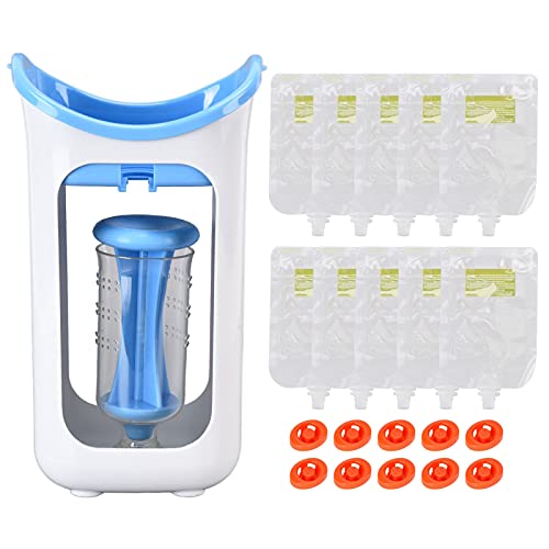 Baby Food Squeeze Station, Infants Pouch Puree Filling Squeezer Babies Homemade Fresh Fruit Juice Maker Reusable Portable Semi Solid Processor Storage Bags Toddlers Home Kitchen Restaurant (blue)