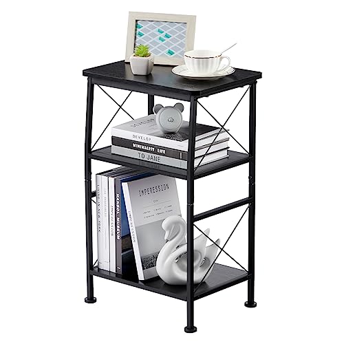 ruboka 3-Tier Small End Table, Small Side Table with Storage Shelf, Small Bookshelf with Metal Frame for Small Spaces, Nightstand, Bookcase, Display Rack for Bedroom, Living Room (Black)