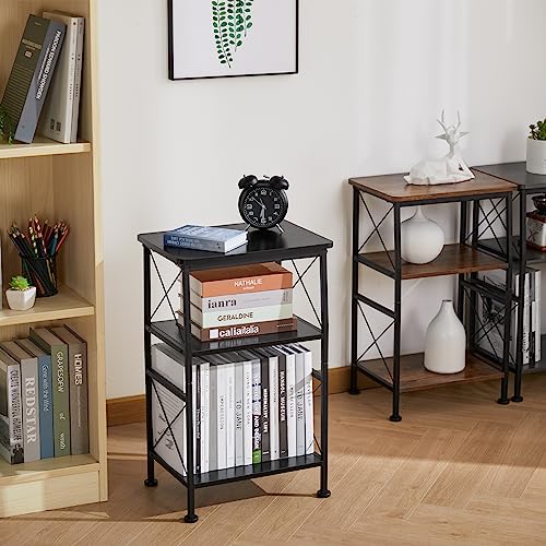 ruboka 3-Tier Small End Table, Small Side Table with Storage Shelf, Small Bookshelf with Metal Frame for Small Spaces, Nightstand, Bookcase, Display Rack for Bedroom, Living Room (Black)