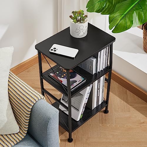 ruboka 3-Tier Small End Table, Small Side Table with Storage Shelf, Small Bookshelf with Metal Frame for Small Spaces, Nightstand, Bookcase, Display Rack for Bedroom, Living Room (Black)