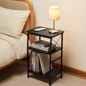ruboka 3-Tier Small End Table, Small Side Table with Storage Shelf, Small Bookshelf with Metal Frame for Small Spaces, Nightstand, Bookcase, Display Rack for Bedroom, Living Room (Black)