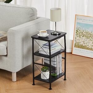 ruboka 3-Tier Small End Table, Small Side Table with Storage Shelf, Small Bookshelf with Metal Frame for Small Spaces, Nightstand, Bookcase, Display Rack for Bedroom, Living Room (Black)