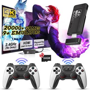 wireless retro game console, equipped with 64g tf card plug and play, nostalgia game stick 4k 20000+ games built-in, 9 classic emulators, with dual 2.4g upgraded wireless controllers, white