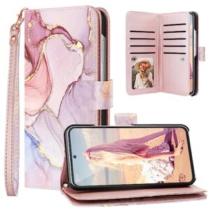 fingic samsung galaxy a54 5g case,samsung a54 5g wallet case【9 card holder】 rose gold marble pu leather detachable wrist strap wallet case for women girls cover case for samsung galaxy a54 5g,6.4inch