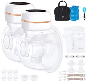 hands free breast pump, double electric wearable breast pump, 3 modes & 9 levels portable breast pump, led display, 19/22/25 mm flanges, breastfeeding pump with pumping bag and ice pack