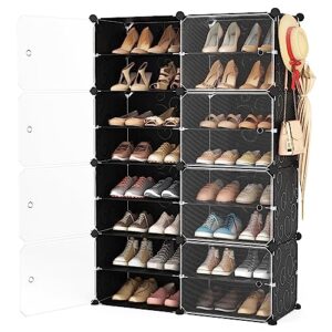 LANTEFUL Shoe Rack Organizer Shoe Storage Cabinet 8 Tiers 32 Pair Portable Shoe Storage Sturdy Plastic Black Shoe Shelf with Hooks Shoe Rack with Door for Entryway, Bedroom and Hallway