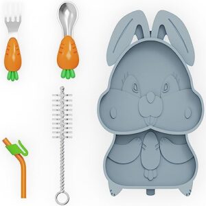 emgate silicone baby feeding set includes toddler plates, toddler forks and spoons –premium 5-piece toddler feeding supplies – non-bpa bunny plates with straw, brush – cute packaging (blue)