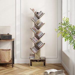 Tajsoon 9 Tier Tree Bookshelf with Drawer Bookcase, Floor Standing Book Storage Rack, Tall Bookshelf for CDs/Books/Movies, Bookshelf Organizer for Bedroom, Living Room, Home Office,Greige
