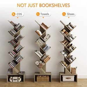 Tajsoon 9 Tier Tree Bookshelf with Drawer Bookcase, Floor Standing Book Storage Rack, Tall Bookshelf for CDs/Books/Movies, Bookshelf Organizer for Bedroom, Living Room, Home Office,Greige