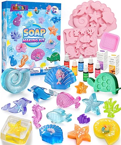 Golray Mermaid Soap Making Craft Kit Kids Toy, 18 Model, 6 Ink, 2 Essential Oil Supply, Art and Craft for Kid Girl Age 8-12 Year Old Ocean Animal Toy Birthday Gift, DIY Science Kits (Create 16+pcs)