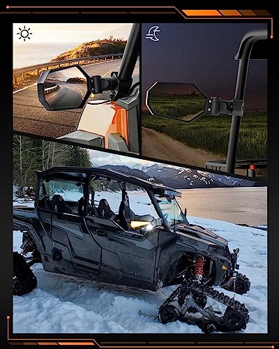 BraveWAY UTV Side Mirrors with Lights, Fit All 1.5-2.5" Roll Bar Cage, Amber White Green Three-color 3 Modes ATV/UTV Off Road Lighted Rear View Mirror Light with UTV ATV Polaris RZR Ranger