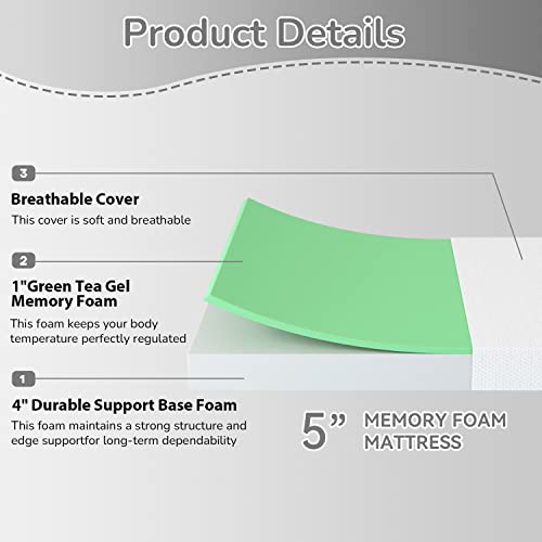 PayLessHere 5 Inch Green Tea Memory Foam Mattress Cooling Gel Infused Mattress,Medium Firm Mattresses Fiberglass Free/CertiPUR-US Certified/Bed-in-a-Box/Pressure Relieving Twin Size,White