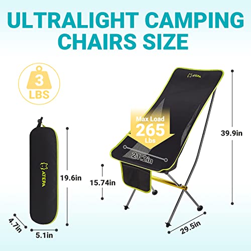 ATEPA Ultralight Camping Chair Lightweight High Back Folding Camping Chair with Pocket & Carry Bag Compact Backpacking Camp Chair for Outdoor Indoor Sports Hiking Beach Fishing